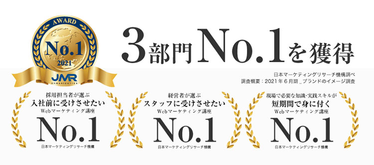 入社前に受けさせたいWebマーケティング講座No.1 スタッフに受けさせたいWebマーケティング講座No.1
短期間で身に就くWebマーケティング講座No.1 ※日本マーケティングリサーチ機構調べ